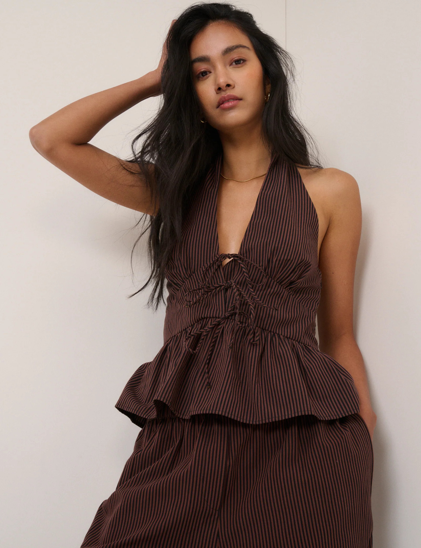 Brown Pinstripe Halterneck Top | Nobody's Child