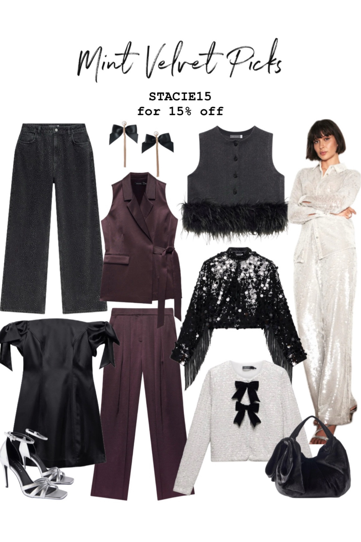 Mint velvet Partywear picks- STACIE15 for 15% off 🪩

Sequin top, sequin trousers, satin dress, satin trousers, embellished jeans, velvet bag. 

#LTKpartywear #LTKwinter #LTKsale
