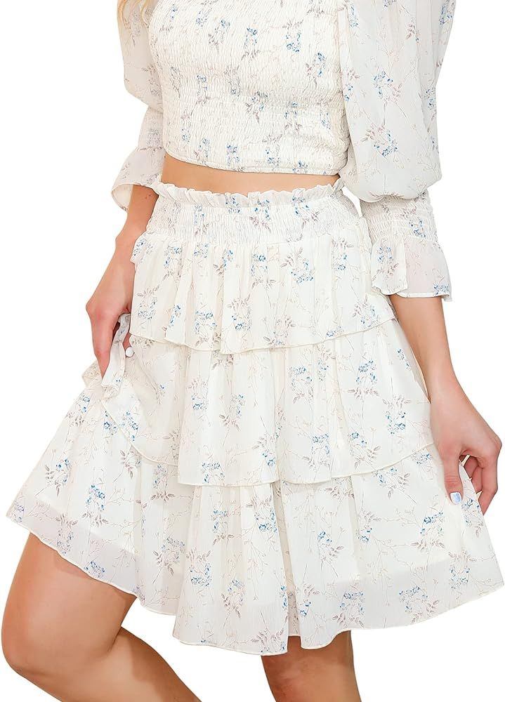 Byinns Womens High Waisted Ruffle Skirt A-Line Tiered Smocked Ditsy Floral Print Flowy Mini Skirt | Amazon (US)