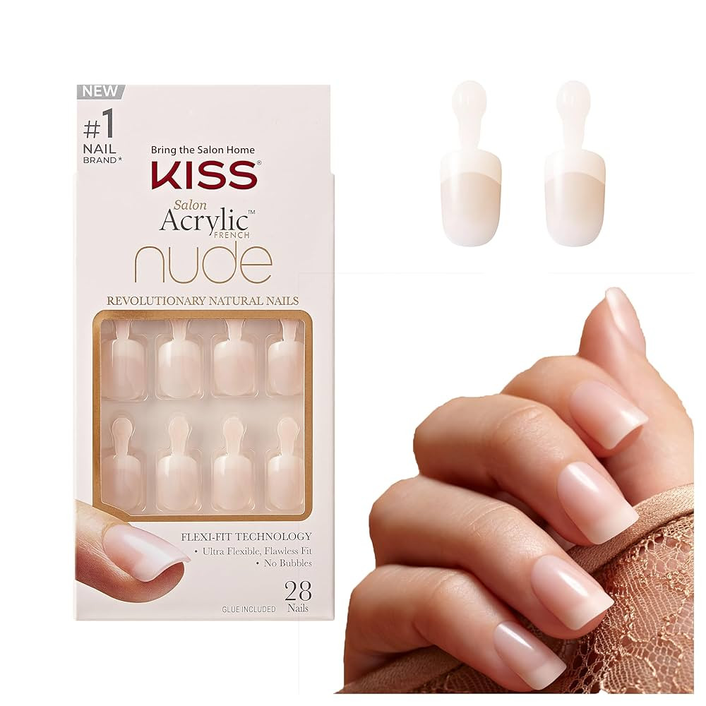 KISS Salon Acrylic Nude French Tip Press On Nails Short, ‘Breathtaking’, Beige, Squoval, Incl... | Amazon (US)