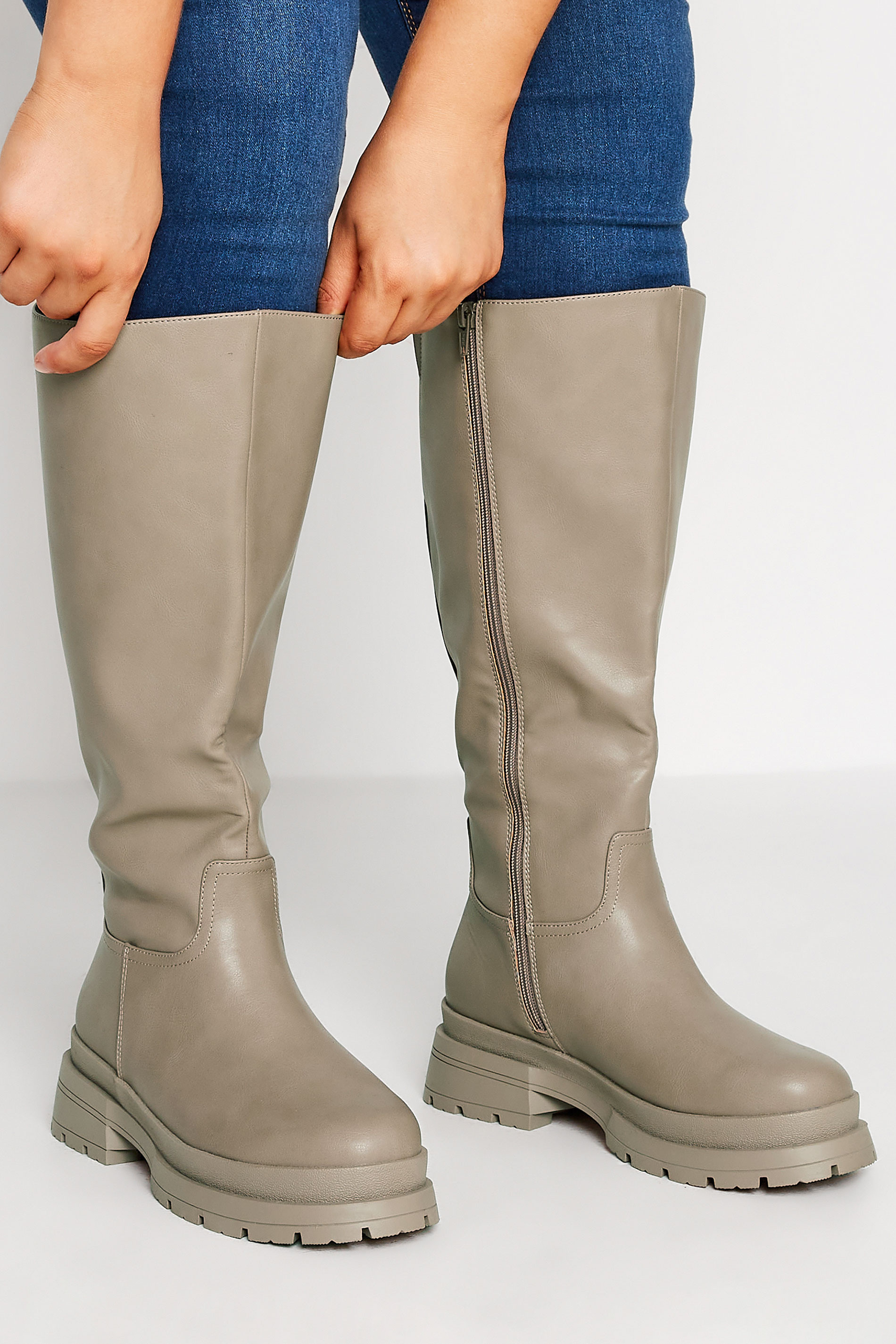 LIMITED COLLECTION Beige Brown Faux Leather Pull On Knee High Boots In Extra Wide Fit | Yours Clothing UK