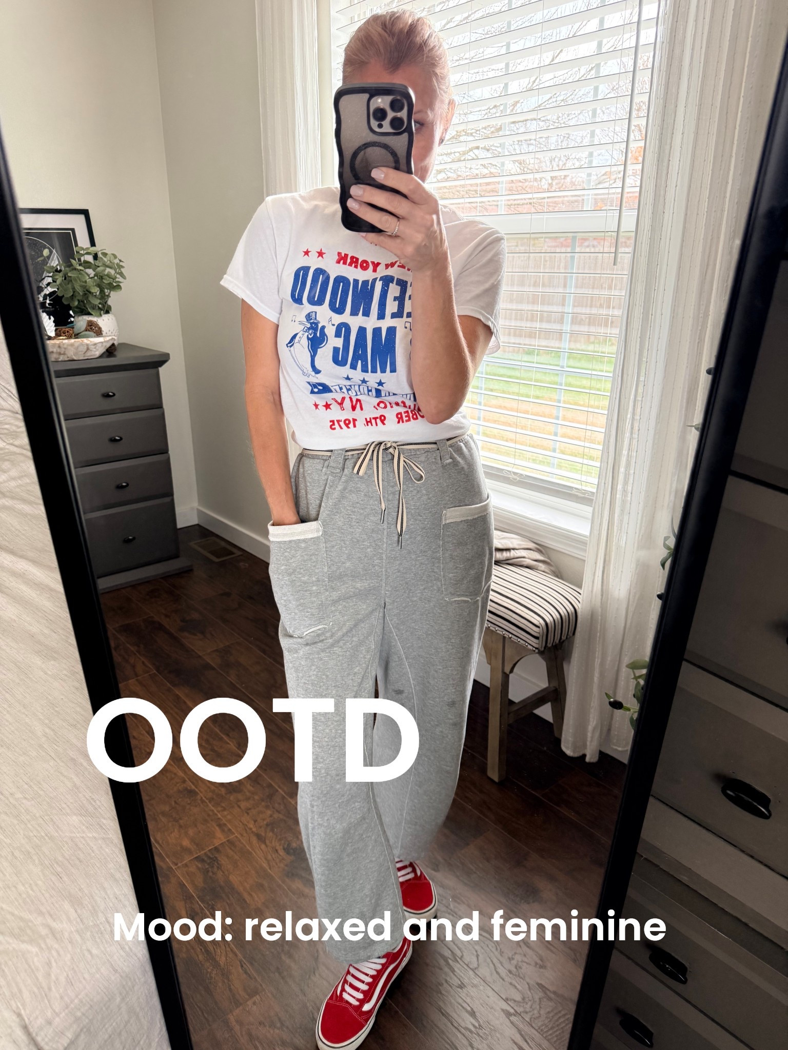 This is one of those outfits that just falls together… and somehow still feels put together ❤️
The kind of look you reach for when you want comfort, but still want to feel like you. The pants feel like your favorite sweats, the fit is relaxed and feminine, and those small details quietly do the work — the tee tied in the back to shape the waist, the pop of red that adds just enough confidence.
It’s easy. It’s soft. It’s pulled together without trying too hard.
And somehow, those are always the outfits that feel the best.
Fit reference: 5’4” | 130 lbs
Tee: size Small — Free People
Pants: size Small — (drawstring lounge pants)- Amazon
Shoes: Vans — size 7.5
#EffortlessStyle #WomenOver40Style #CasualChic #EverydayOutfit #RelaxedStyle 
effortless outfits, casual feminine style, lounge outfit inspo, everyday mom style, comfortable chic outfits

#LTKootd #LTKOver40 #LTKPetite