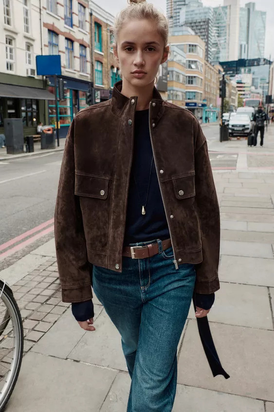 SUEDE LEATHER BOMBER JACKET WITH POCKETS | Zara UK