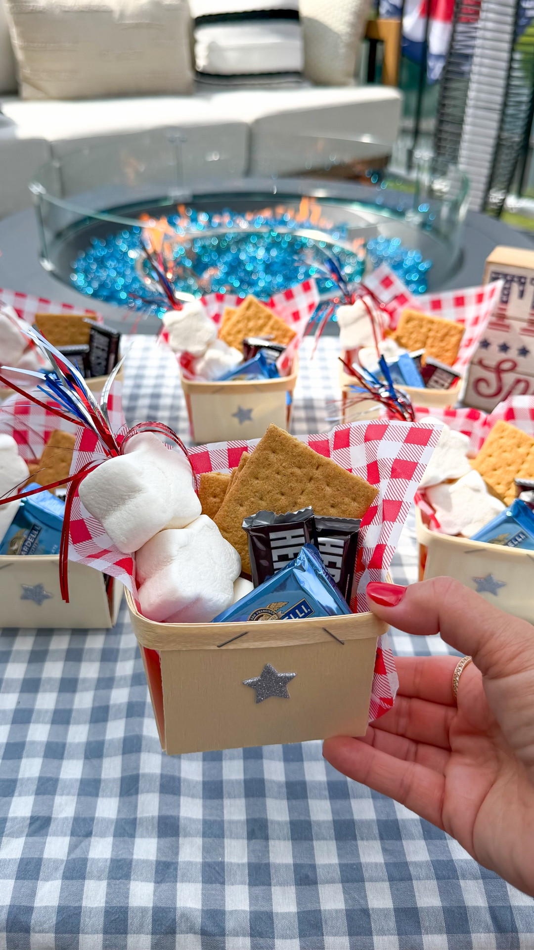 The easiest party favor for your 4th of July celebration? Mini s’mores kits! 
They’re cute, budget-friendly, and filled with everything guests need for the perfect fireside treat. Such a cute idea for this holiday weekend or any time!

Now if I can keep my boys from eating them all before we actually can roast them by the fire 🤷‍♀️