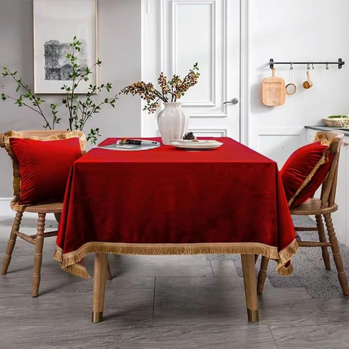Velvet Tablecloth Luxurious Red Rectangle Table Tablecloth Thickset with Luxurious Gold Tassels T... | Amazon (US)