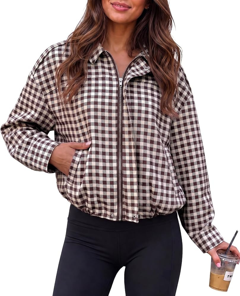 Fisoew Womens Zip Up Checkered Jackets Casual Collared Fall Cropped Coat | Amazon (US)