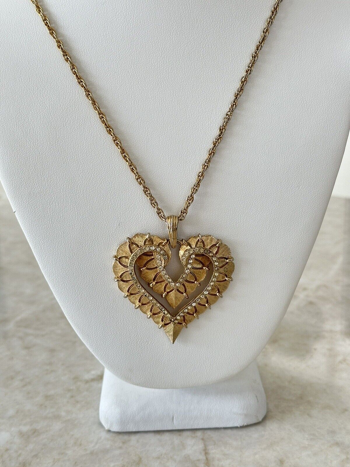 Vintage Heart Brushed Gold tone Necklace Crystal 15”  | eBay | eBay US