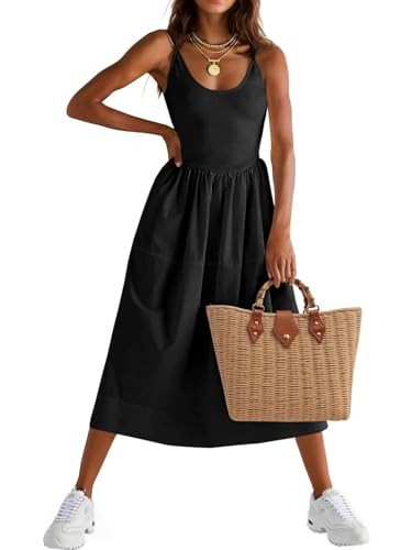 Fisoew Womens Spaghetti Strap Dress V Neck Backless Summer Casual A Line Cami Dress with Pocket | Amazon (US)