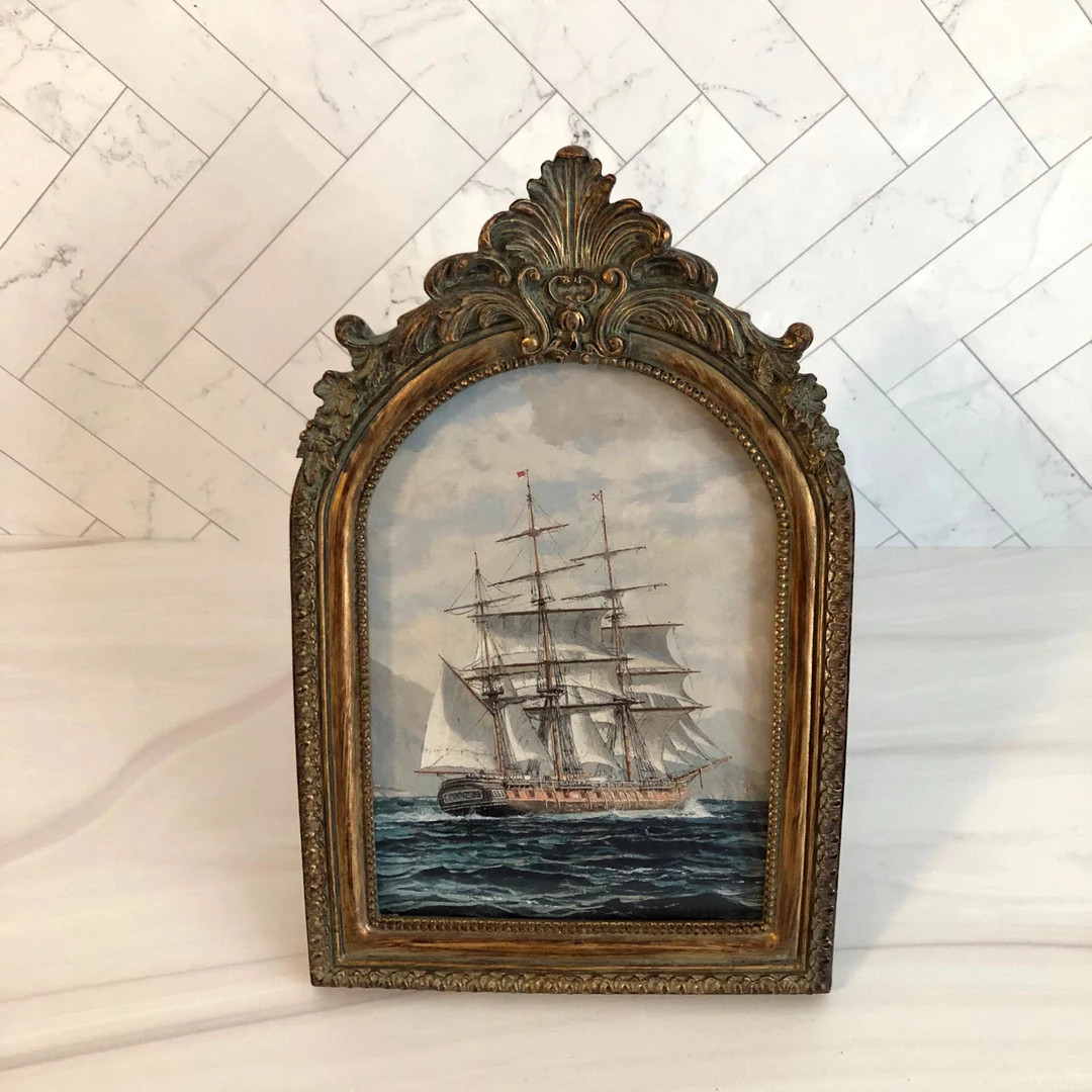 Vintage Sailing Ship Art Print in Baroque Bronze Arch Frame - Etsy | Etsy (US)