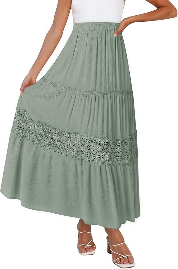 ZESICA Women's 2023 Summer Bohemian Solid Color Lace Trim Flowy A Line Beach Long Maxi Skirt with... | Amazon (US)
