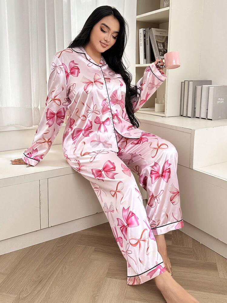 Dream Adore Plus Size Faux Silk Butterfly Print Collar Sleepwear Set | SHEIN