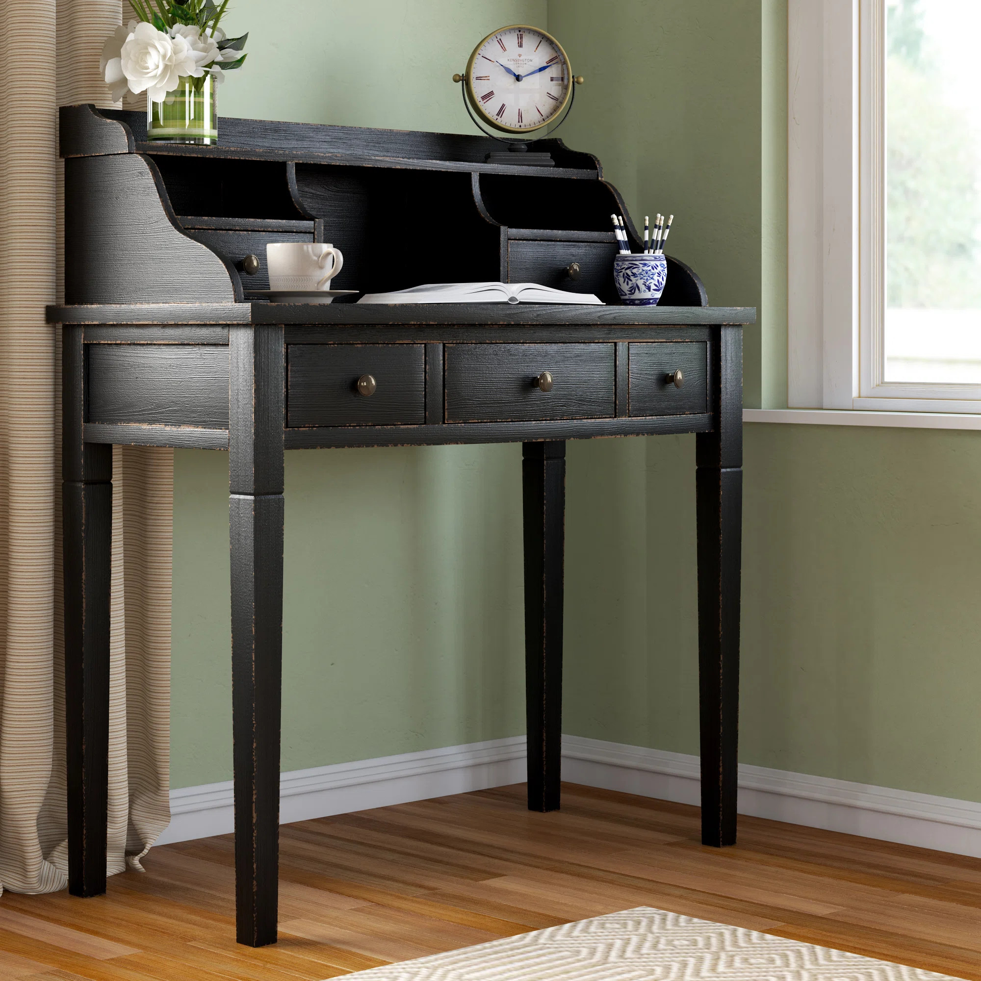 Modern Paignt Writing Desk with Storage Hutch – Solid Wood Frame, Shelves & Cubbies for Home, O... | Wayfair North America