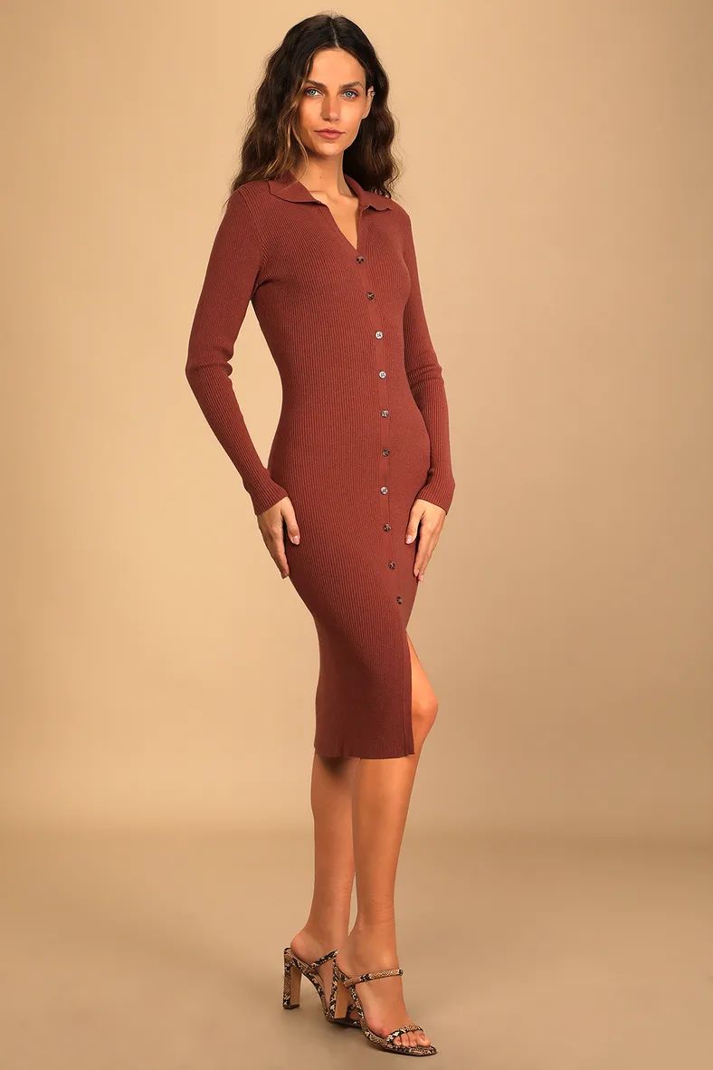 Daily Favorite Rust Brown Long Sleeve Button-Front Midi Dress | Lulus (US)