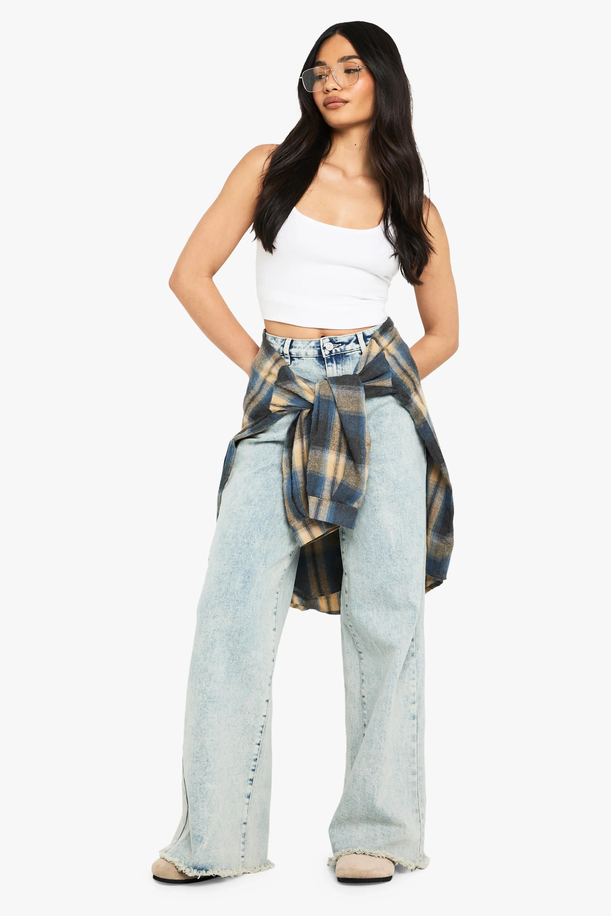 Washed Blue Frayed Hem Wide Leg Jean | Boohoo.com (UK & IE)