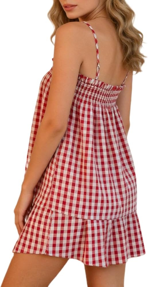Pivanzore Women's Gingham 2 Piece Set Smocked Ruffle Plaid Cami And Shorts Set Casual Summer Matc... | Amazon (US)