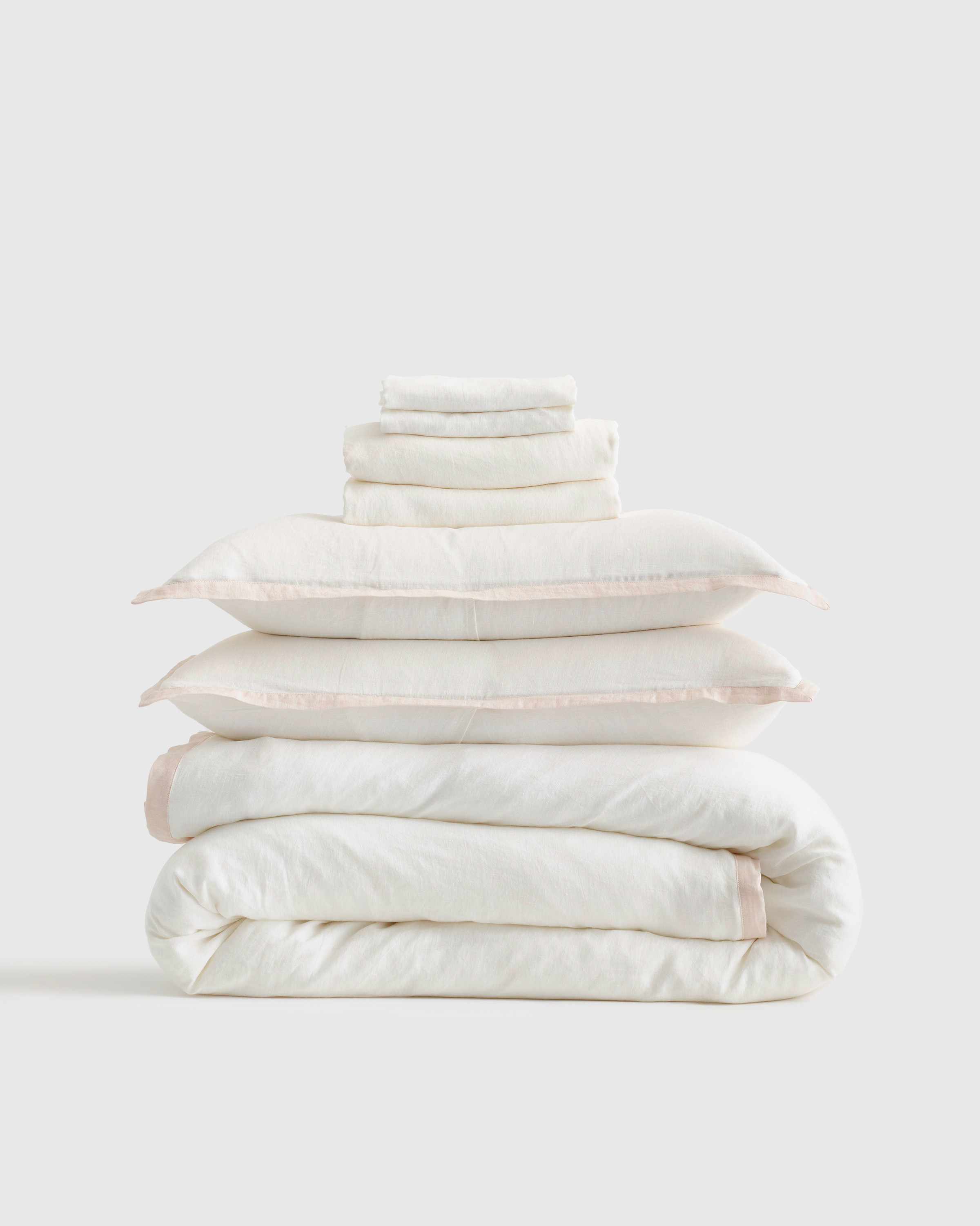 Quince | European Linen Contrast Flange Deluxe Bedding Bundle in White/Sand, Size Twin | Quince