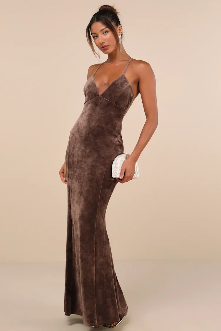 Immensely Luxe Brown Velour Backless Mermaid Maxi Dress | Lulus