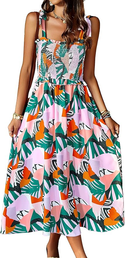 PRETTYGARDEN Women Summer Dresses 2023 Tie Strap Square Neck Smocked Ruffle Flowy Floral Print Bo... | Amazon (US)