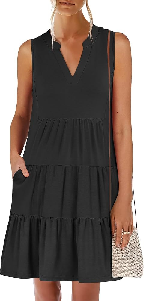 ANRABESS Women Summer Casual Sleeveless V Neck Mini Sundress Swing Tiered Beach Vacation Dresses ... | Amazon (US)