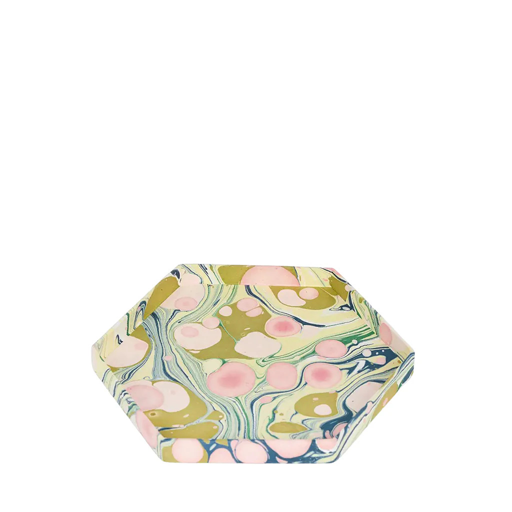 Petite Marbled Hexagon Tray, Moss | Hand-Marbled Decorative Tray | Blue Print