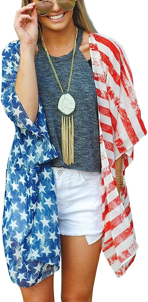 DDSOL Women's American Flag Kimono Cover up Beachwear Cardigan Loose Tops Shirt Blouse | Amazon (US)