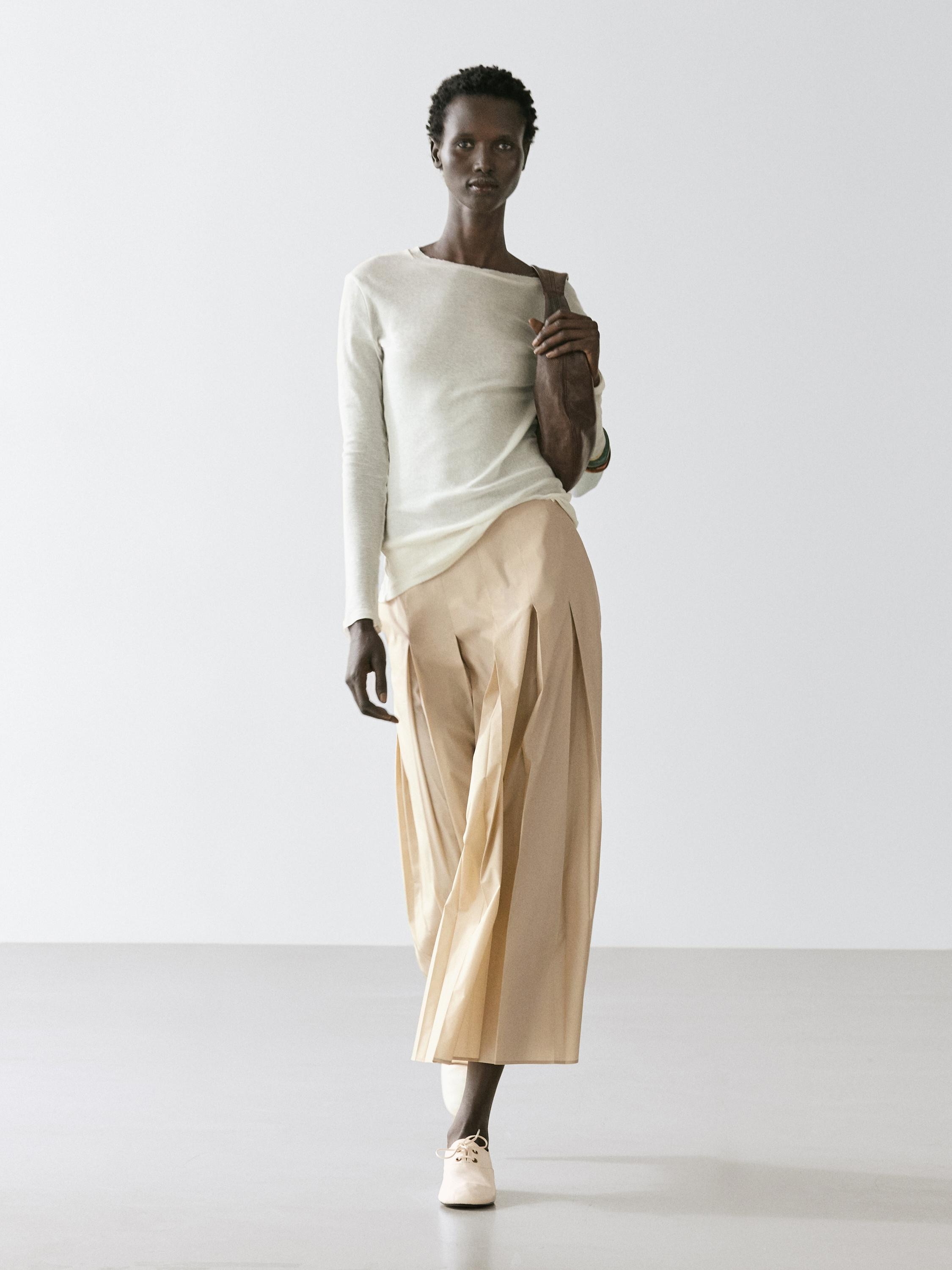 Cotton box pleat midi skirt | Massimo Dutti US