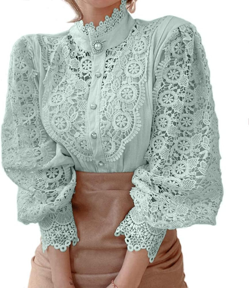 Women’s Elegant Lace Trim Shirts Casual Victorian Blouse Long Sleeve Button Down Tops | Amazon (US)
