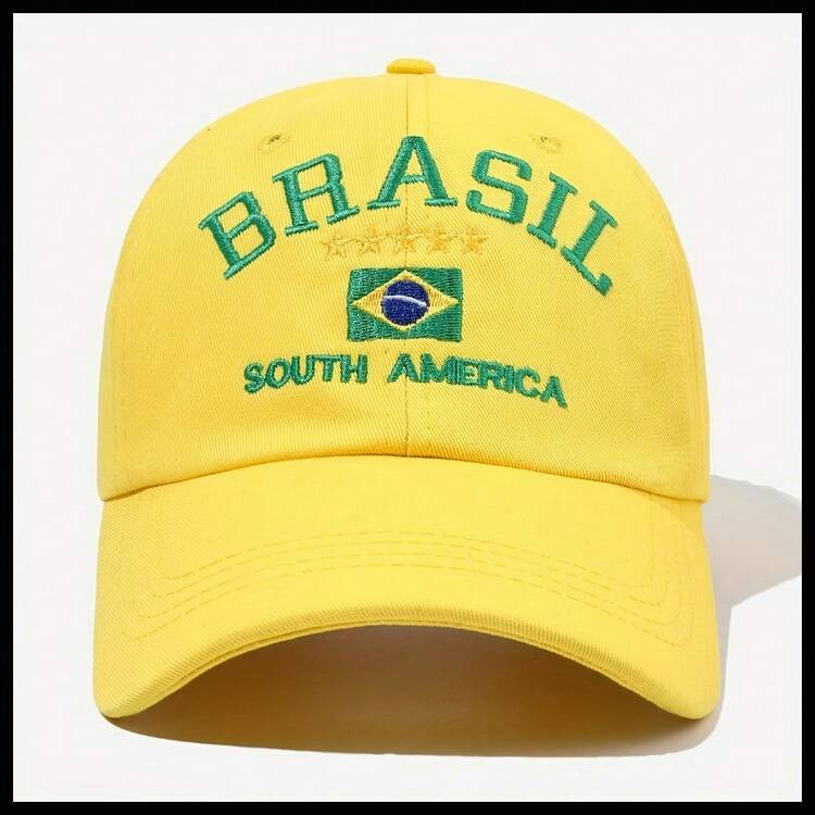 1pc Unisex Brazil South America Embroidered Baseball Cap - Adjustable Snapback, Breathable Fabric, Black With Yellow & Green Embroidery For Outdoor Casual Wear, Sports Fan Gear, Sporty Headwear, Durable Headgear | SHEIN