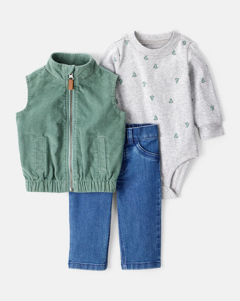 Baby Boy 3-Piece Corduroy Vest, Bodysuit & Pant Set - Green | Carter's Inc