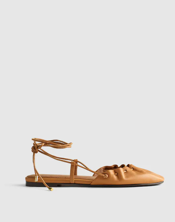 The Greta Ruched Ankle-Tie Flat in Leather | Madewell