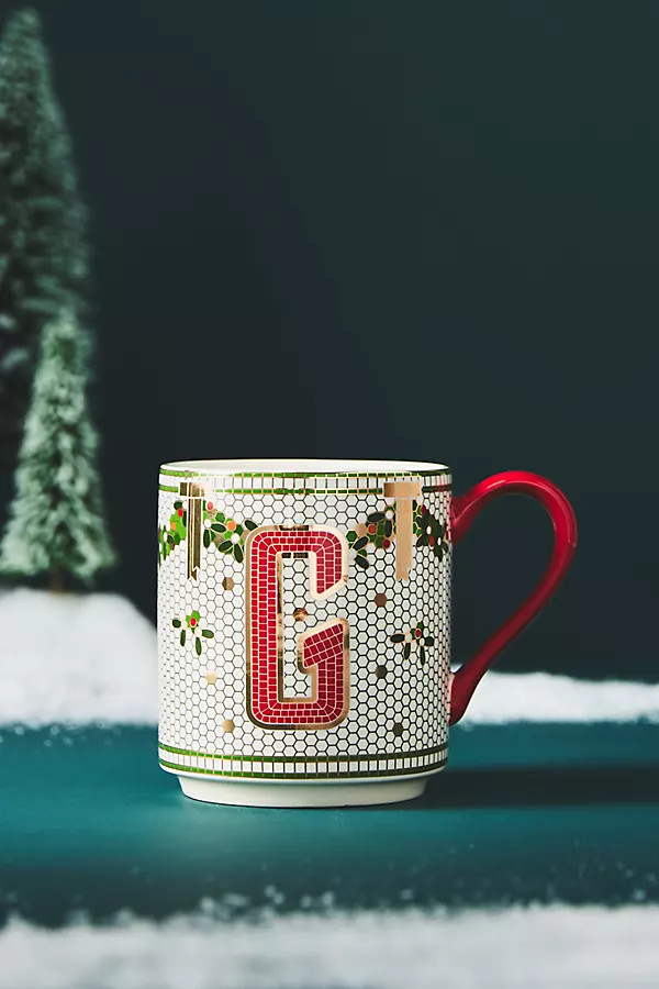 Bistro Festive Tile Stoneware Monogram Mug | Anthropologie (US)