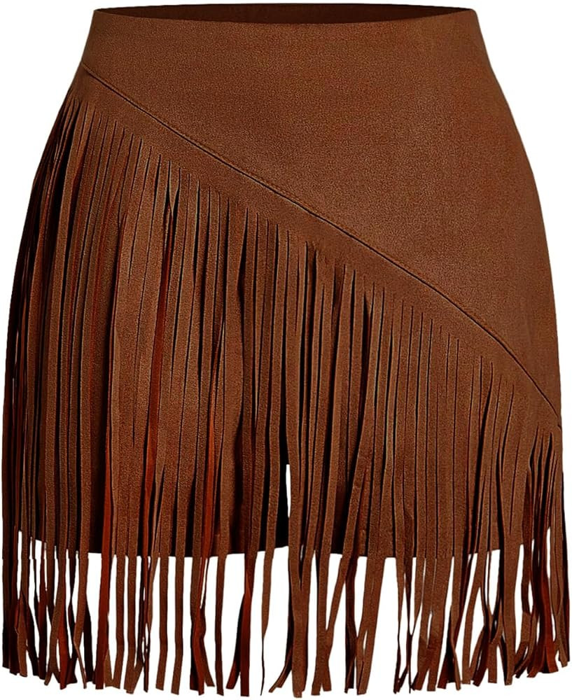 SweatyRocks Women's Cowgirl Fringe Skirts Faux Suede Western Mini Skirt Country Concert Outfits | Amazon (US)