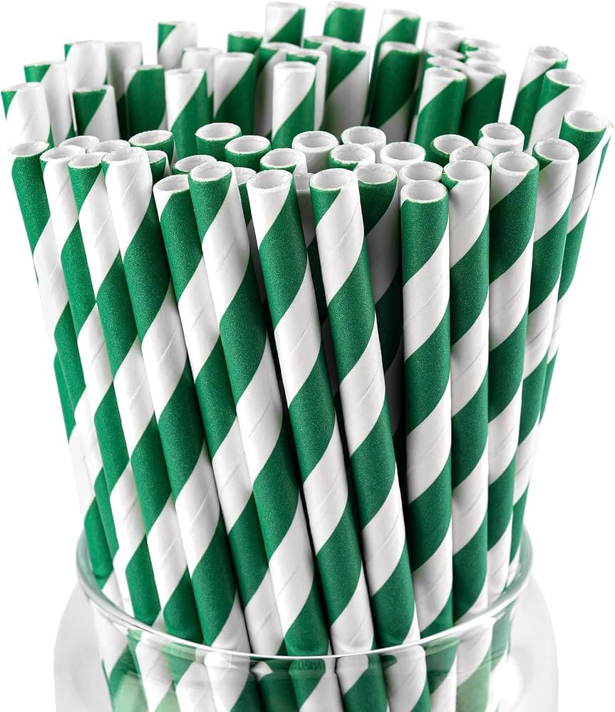 [100 Pack] Green Straws, Disposable Christmas Green Paper Straws Green and White Striped Straws f... | Amazon (US)