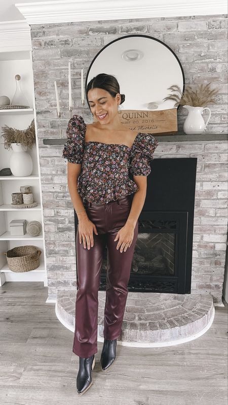 Holiday outfit ideas with burgundy faux leather pants and floral tops form Buddy Love

#LTKparties #LTKfindsunder100 #LTKHoliday