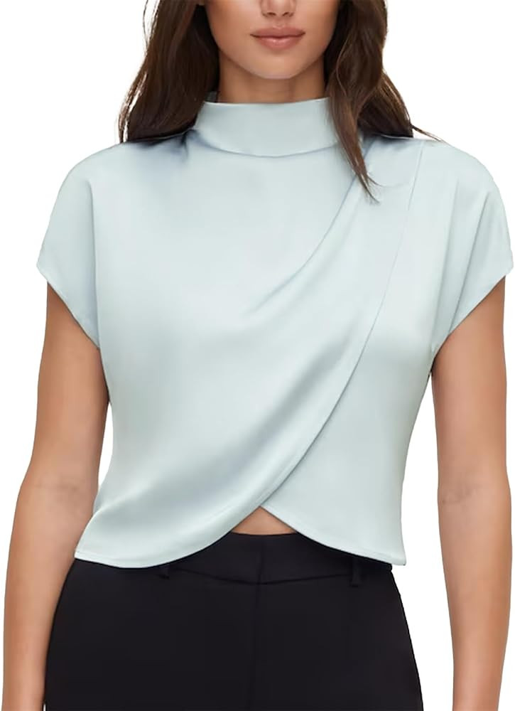 Duyang Women Mock Neck Satin Blouses Dressy Casual Short Sleeve Shirts Summer Business Layered Si... | Amazon (US)