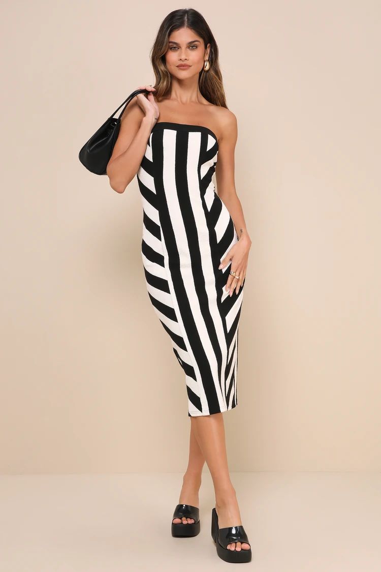 Captivating Choice Black and Ivory Striped Strapless Midi Dress | Lulus