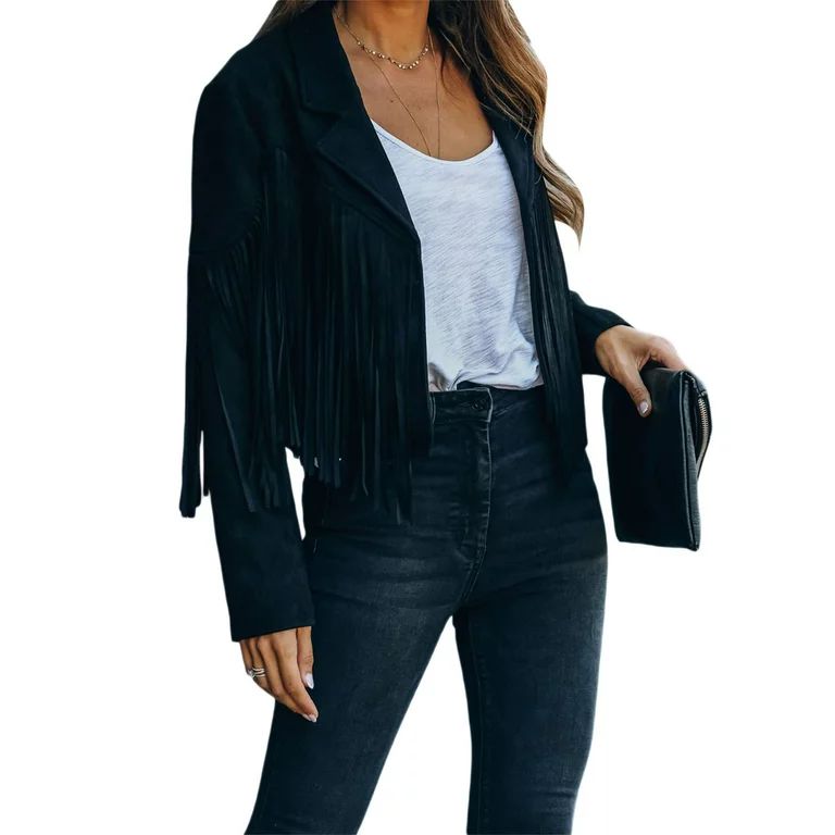 Liangchengmei Women's Long Sleeve Fringed Jacket Tassel Cropped Motor Biker Jacket Casual Outwear | Walmart (US)