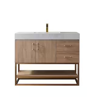 ROSWELL Alistair 42 in. W x 22 in. D x 33.9 in. H Bath Vanity in Oak with White Stone Vanity Top ... | The Home Depot
