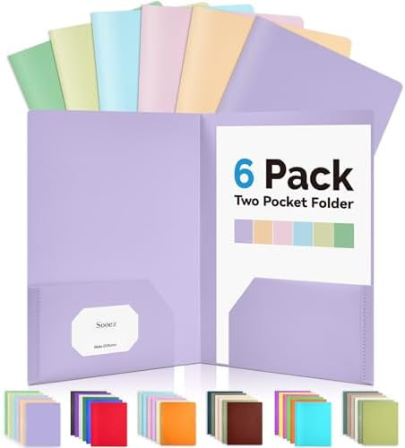 Sooez 6Pack Folders with Pockets, Pastels Colors, Heavy Duty Pocket Folder | Plastic Folders with... | Amazon (US)