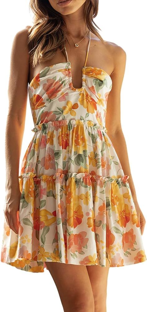 Women's Sleeveless Halter V Neck Mini Dress Smocked Tiered Flowy Swing A Line Dress Sexy Backless... | Amazon (US)