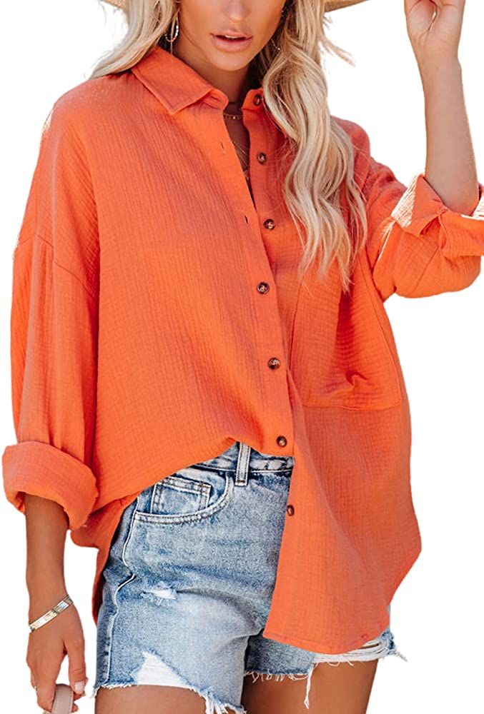 InterNos Women's Casual Cotton Linen Button Down Shirt Orange Blouse Lapel Long Sleeve Tops | Amazon (US)
