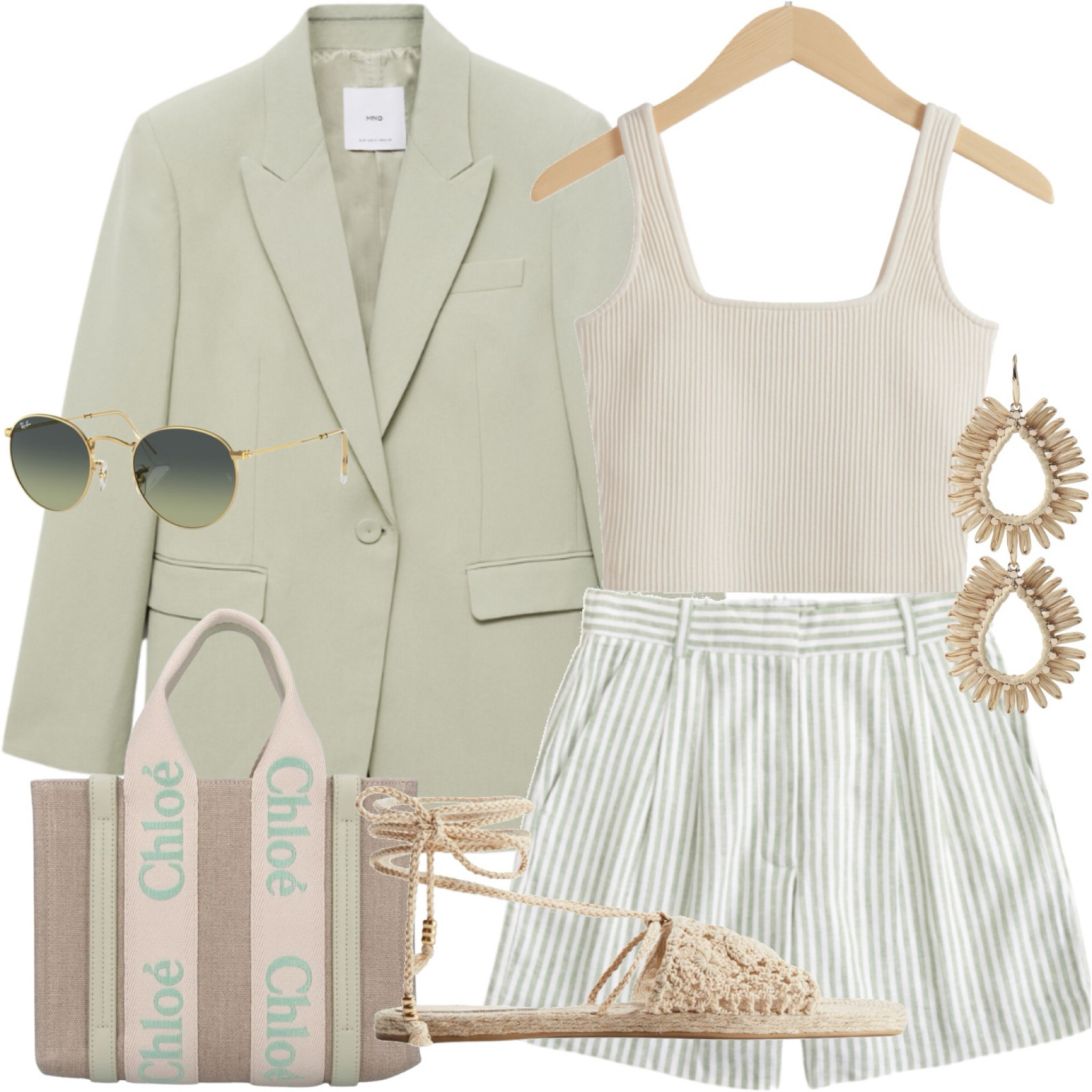 Green blazer, ribbed crop vest top, tailored linen shorts/stripe shorts, espadrille sandals, Chloe linen tote bag, Ray ban sunglasses & raffia earrings. Summer outfit, casual outfit, green outfit.

#LTKsummer #LTKstyletip #LTKeurope