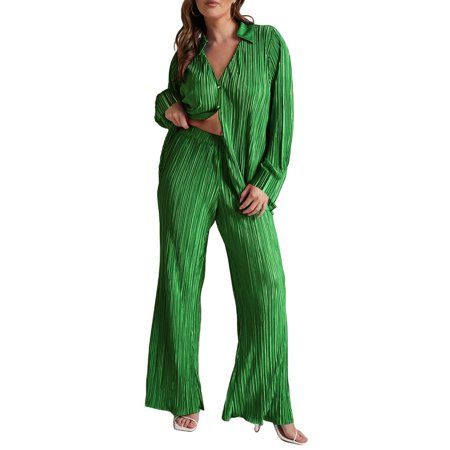 Set for Women 2 Piece Plisse Pants Set Oversized Long Sleeve Button Down Shirt High Waist Pants Two  | Walmart (US)