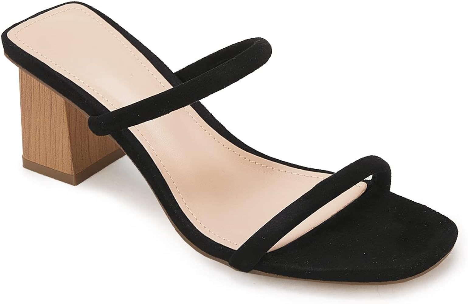Minshluu Womens Open Square Toe Heeled Sandals Two Strap Slip on Block Chunky Heels Slides Sandal | Amazon (US)