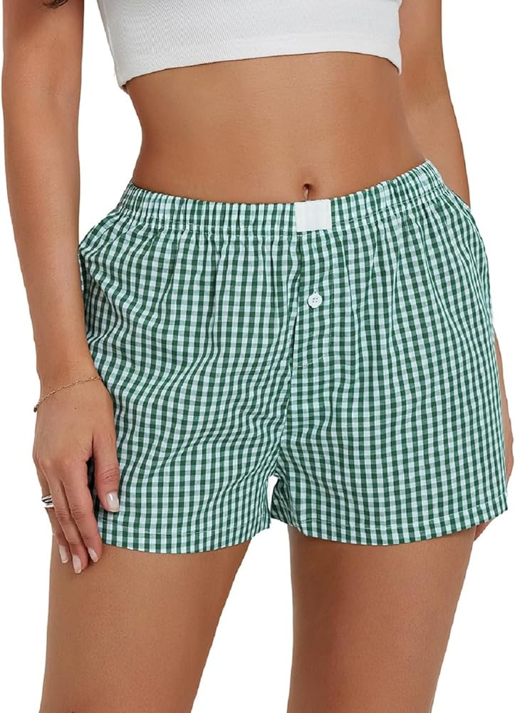 Women Y2k Plaid Elastic Waisted Gingham Pajama Shorts Boxers Lounge Sleep Bottoms | Amazon (US)
