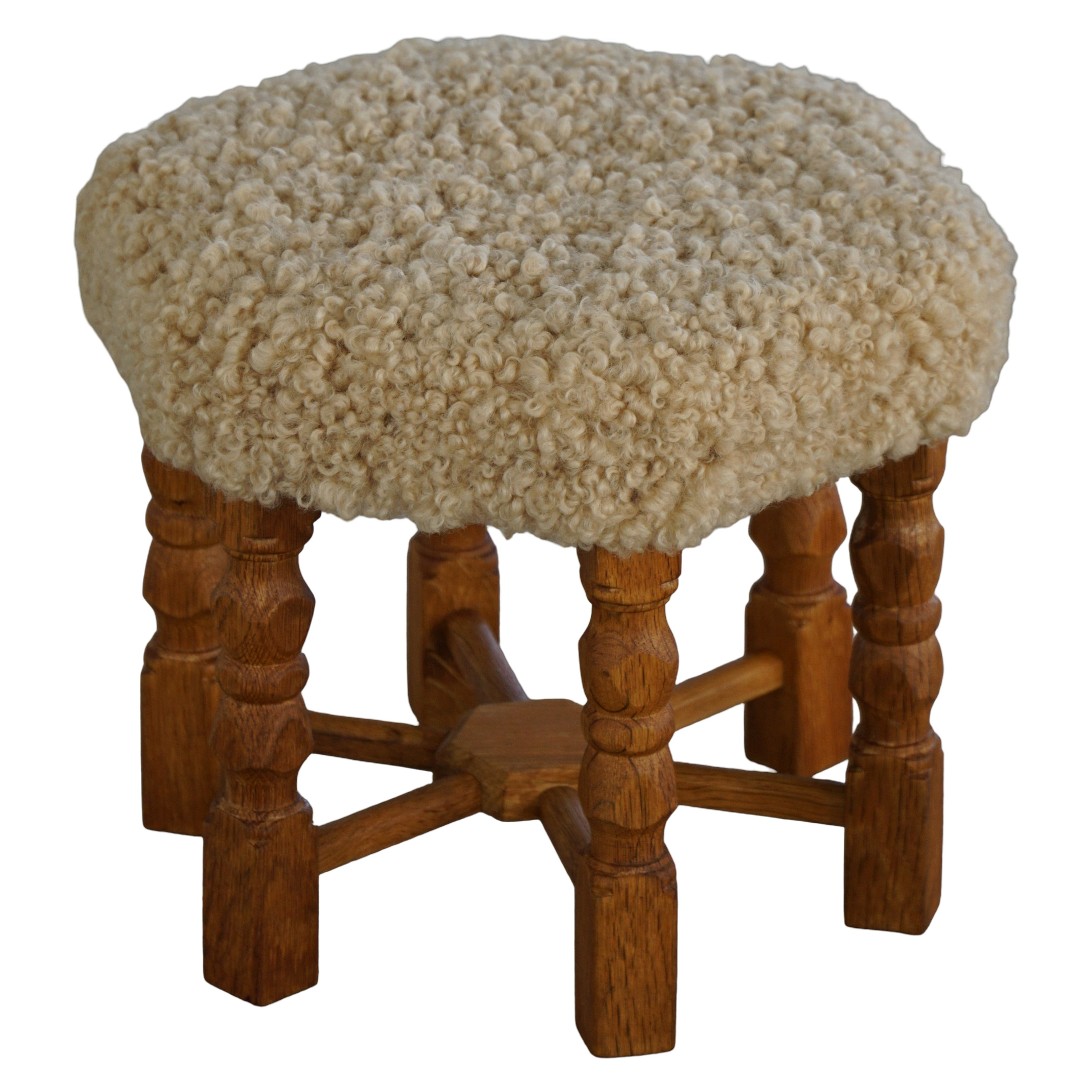 Mid-Century Danish Hexagonal Oak Stool with Shearling Lambswool Upholstery, 1950 | 1stDibs