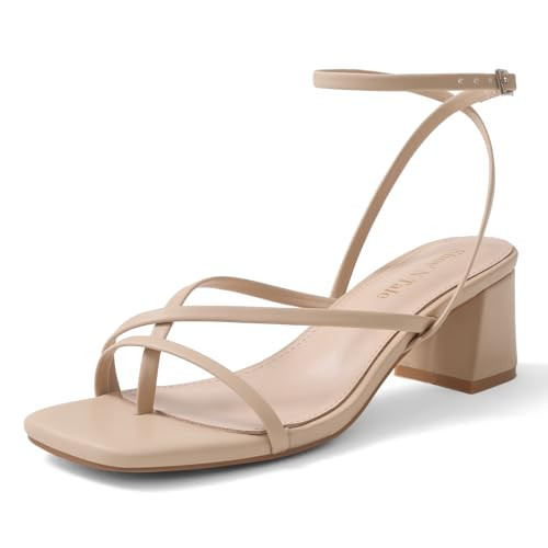 Shoe'N Tale Women's Low Chunky Strappy Heels for Women Open Square Toe Ankle Strap Heeled Sandals(7,Nude) | Amazon (US)
