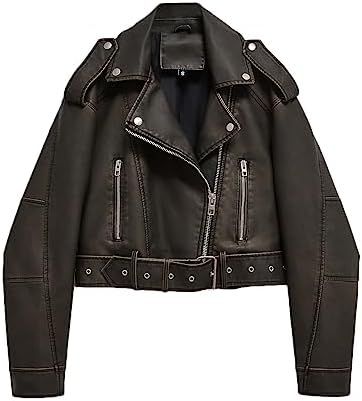LY VAREY LIN Women Faux Leather Cropped Jacket Lapel Zipper Biker Short Coat with Belt | Amazon (US)