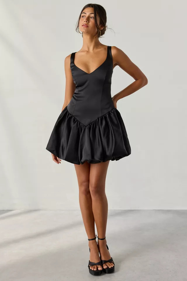 Bardot Oria Drop Waist Bubble Hem Satin Mini Dress in Black, Women's at Urban Outfitters | Urban Outfitters (US and RoW)