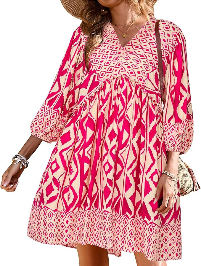 BTFBM Women Casual Spring Summer Dresses V Neck 3/4 Long Sleeve Ruffle Floral Flowy Boho Babydoll... | Amazon (US)